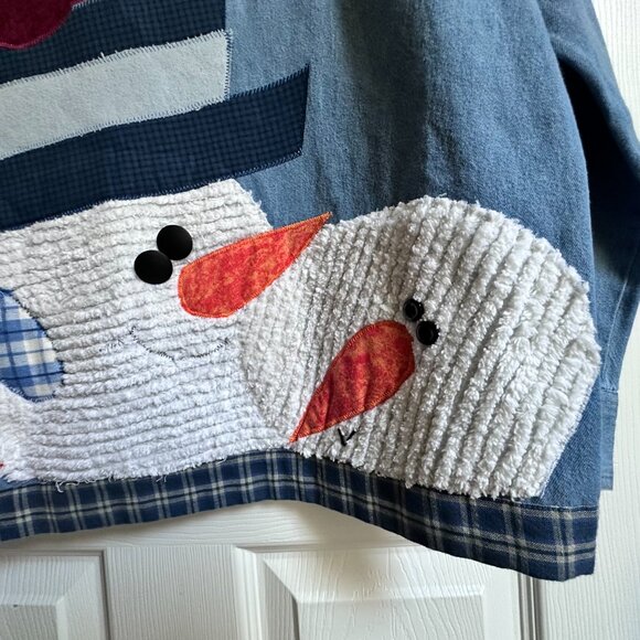 Vintage Women's 2X Denim Shirt Front & Back DIY 3D Snowman Applique Embroidery - Picture 6 of 11